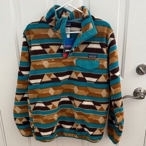 Patagonia Turquoise & Tan Geometric Snap-T Fleece Pullover